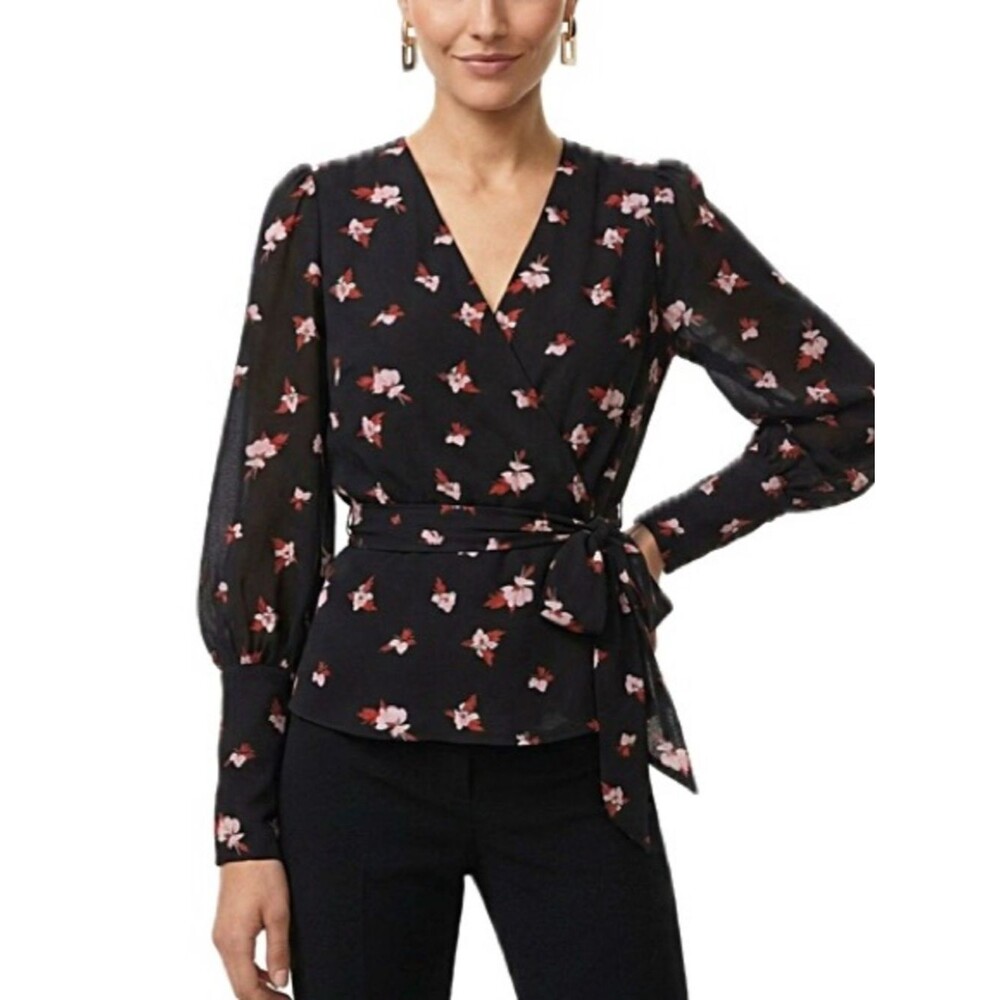 Chelsea28 Floral Peplum Blouse Size XS Long Puff Sleeve Tie Wrap Dressy Top